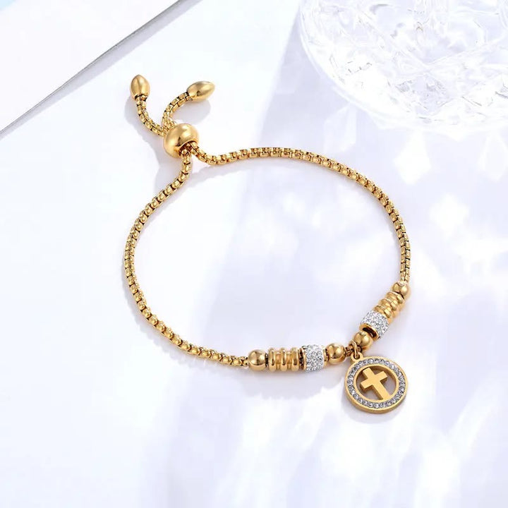 Crafted Circle Cross Charm Zirconia Christian Bracelet