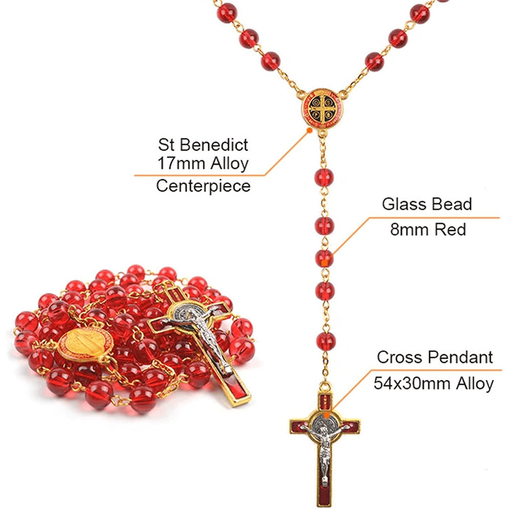 Catholic St. Benedict Centerpiece Red Glass Beads Cross Rosary