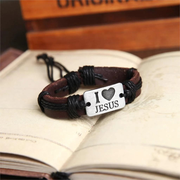 FREE Today: "I Love Jesus" Christian Jewelry Cross Adjustable Leather Bracelet