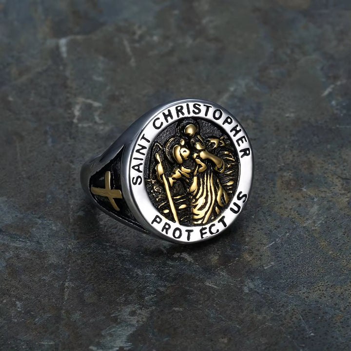 Saint Christopher Protect Us Medal Signet Ring