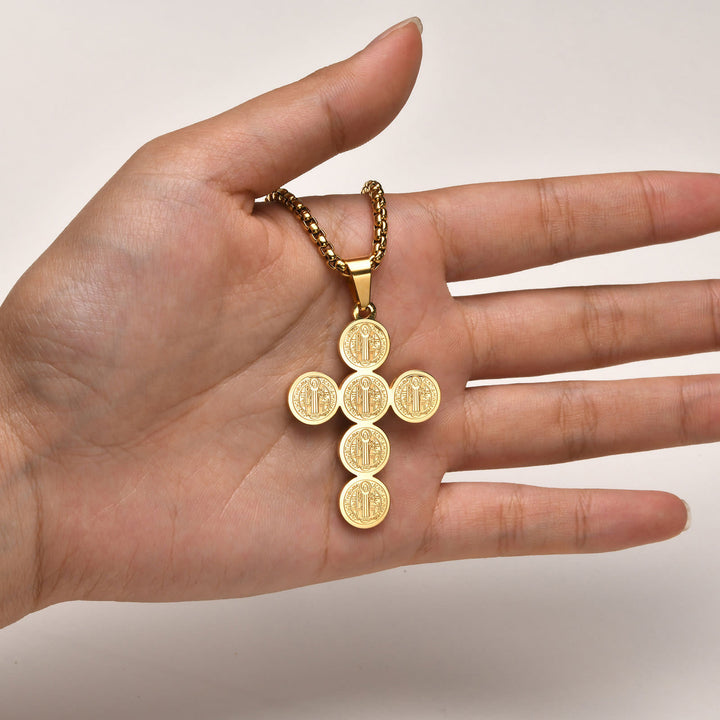 Round St. Benedict Cross Gold Pendant Necklace