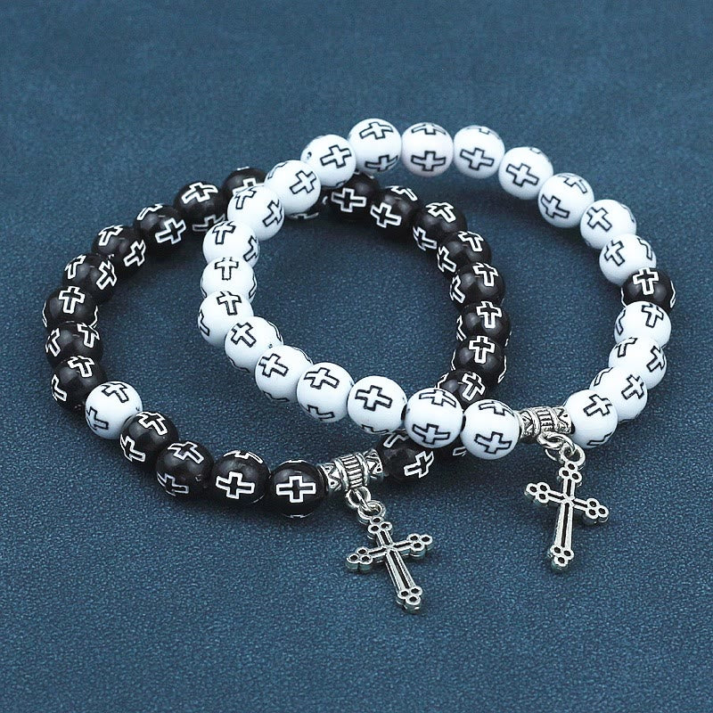 Christian Cross Printed Black & White Bead Bracelet