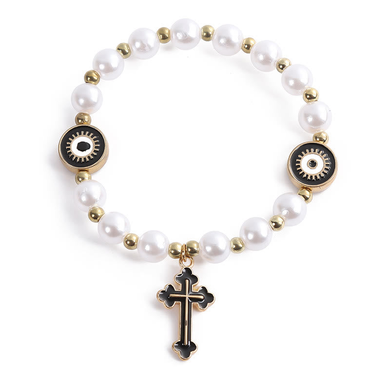 Handmade "Eyes" Beaded Cross Pearl Bracelet