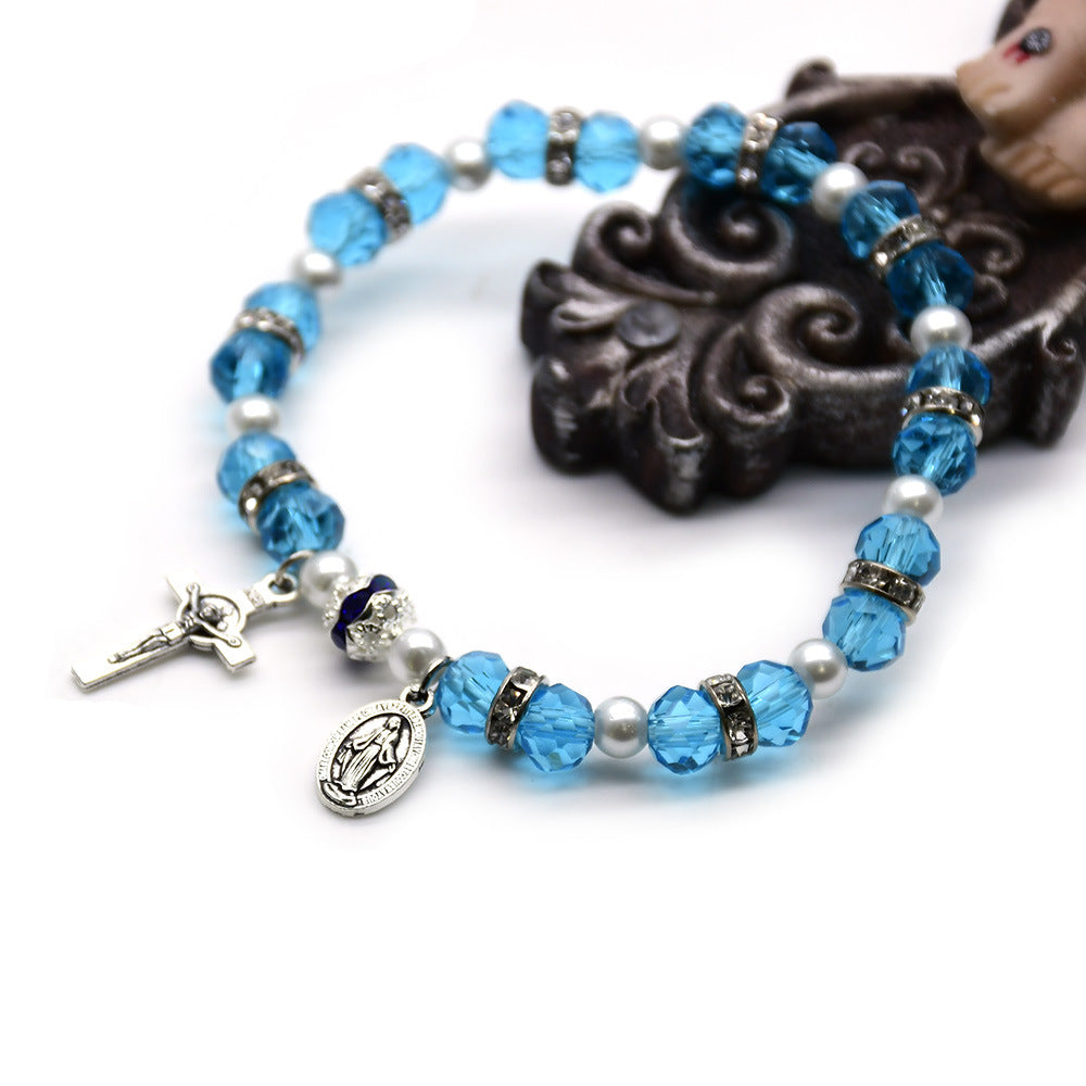 Crystal Beads Stretch Bracelet with Crucifix and Miraculous Medal