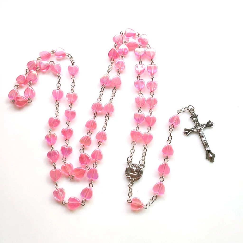 Pink Clear Shiny Heart Prayer Rosary