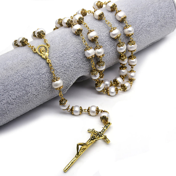 Christian Art Our Lady of Grace & Crucifix of 8*9 mm Round White Pearl Alloy Chain Rosary