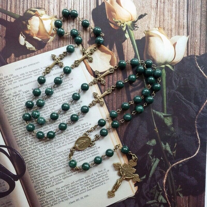 Discount Today: Miraculous Medal & Crucifix of 8 mm Round Green Acrylic Alloy Chain Rosary