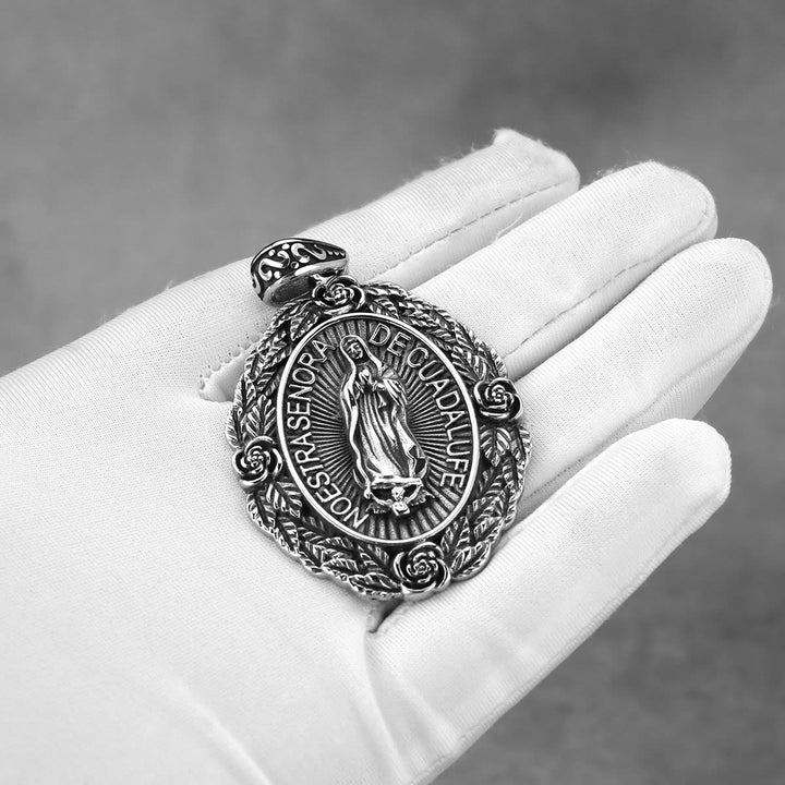 Delicate Rose Lace Our Lady of Guadalupe Titanium Necklace