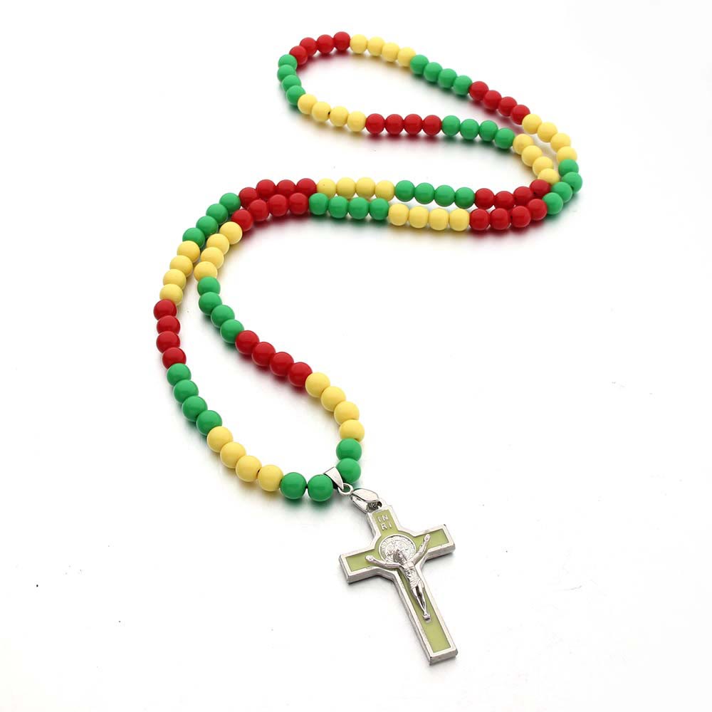 Simple Three-Color Bead Crucifix Necklace