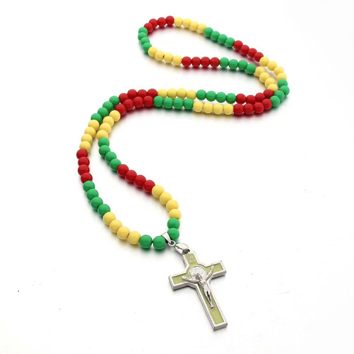 Simple Three-Color Bead Crucifix Necklace