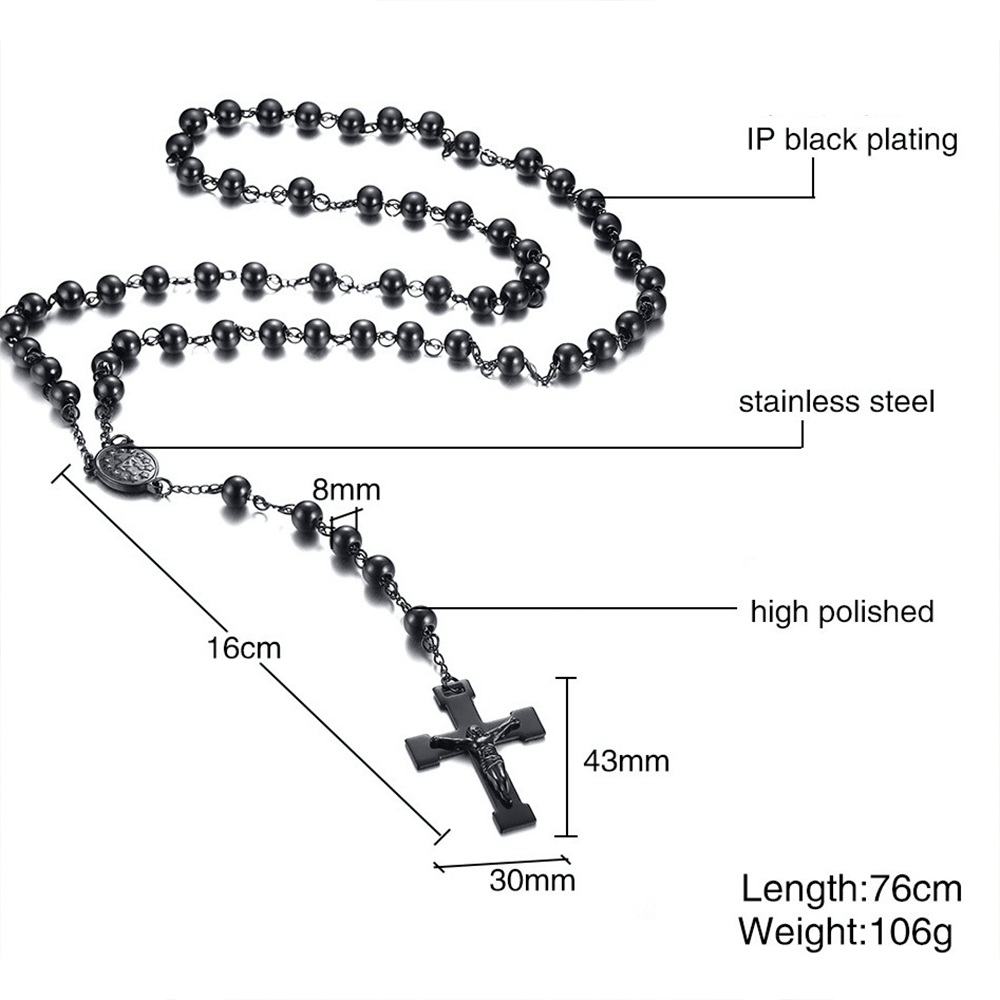 Christianartworkshop Our Lady of Grace & Crucifix of 8 mm Round Black Steel Ball Alloy Chain Rosary