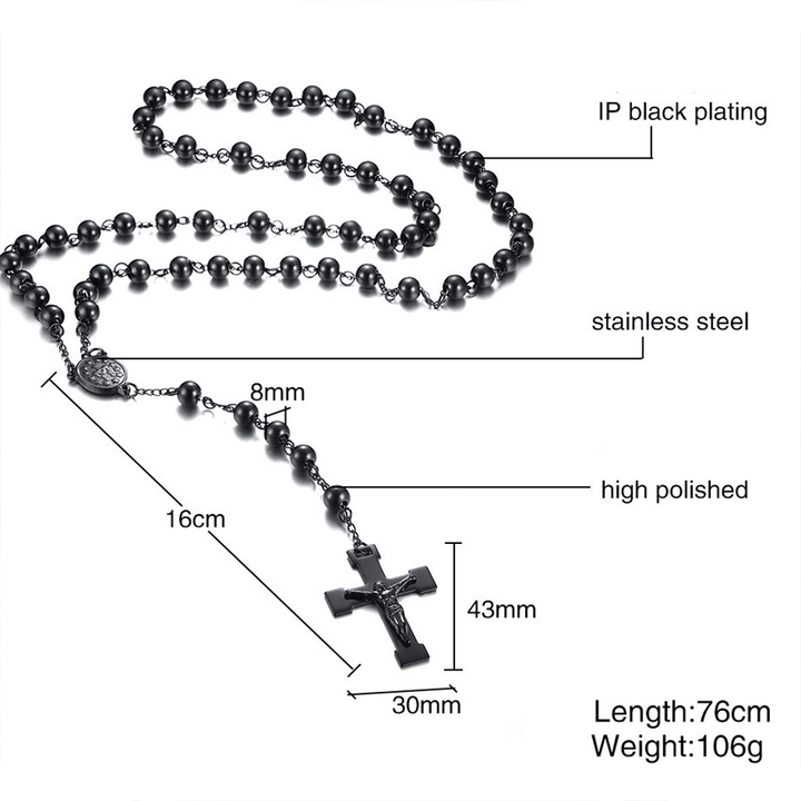 Christian Art Our Lady of Grace & Crucifix of 8 mm Round Black Steel Ball Alloy Chain Rosary