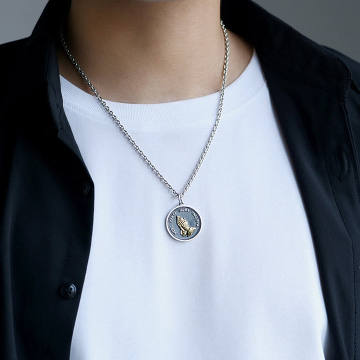 Praying Hands Retro Coin Solid Pendant Necklace