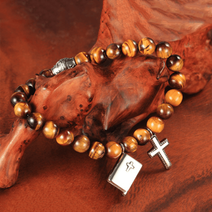 Christian Art Bible Cross Tiger Eyes Stone Titanium Bracelet