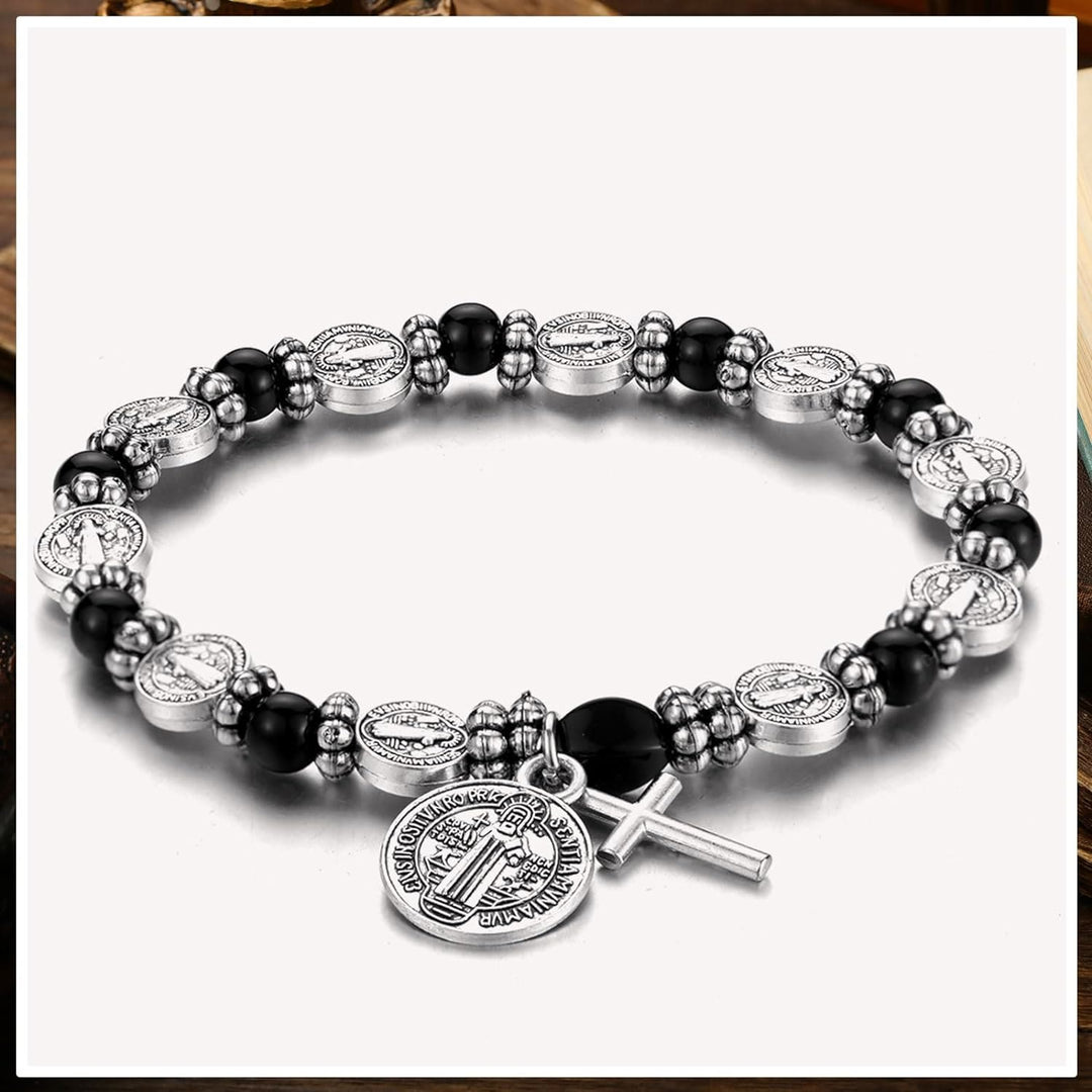 Silver St. Benedict Medal Rosary Bracelet