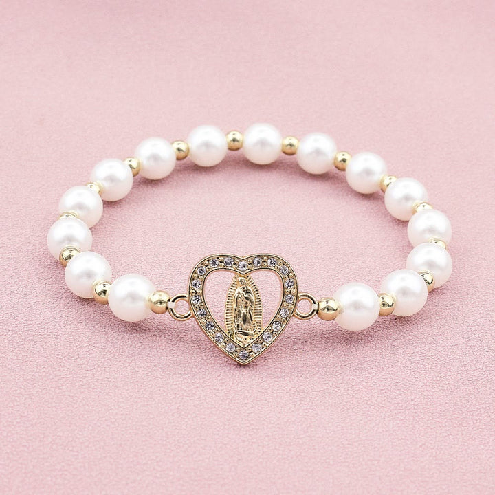 Christianartworkshop Rhinestones Heart-shaped Virgin Mary Pearl Bracelet