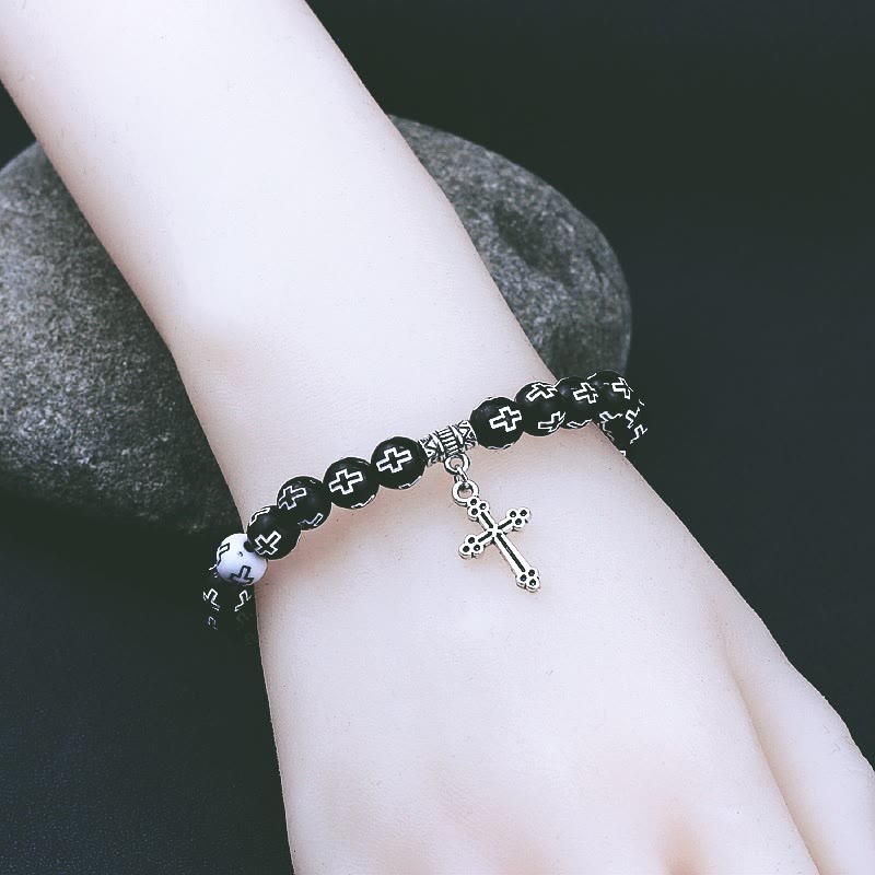 Christian Cross Printed Black & White Bead Bracelet