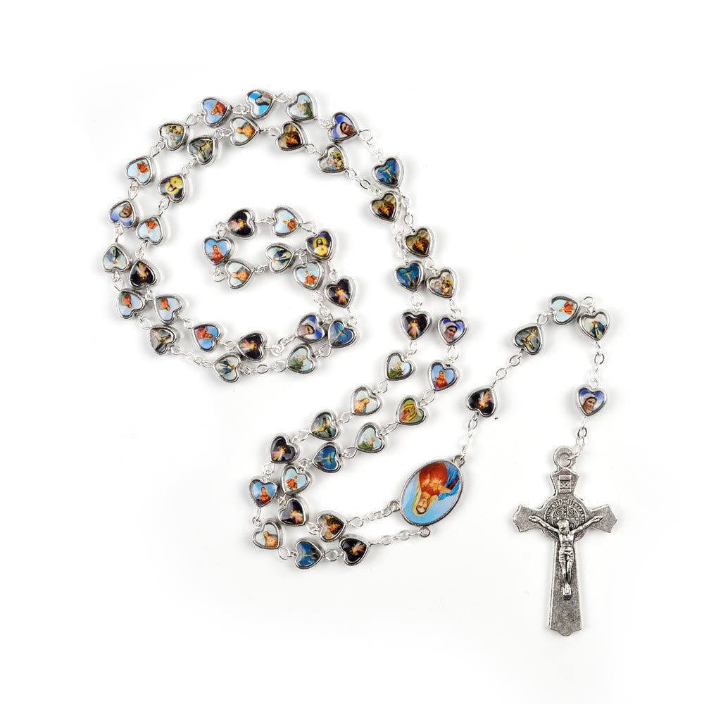 Christian Art Immaculate Heart of Mary & Crucifix of 9*8 mm Heart Multicolor Acrylic Alloy Chain Rosary