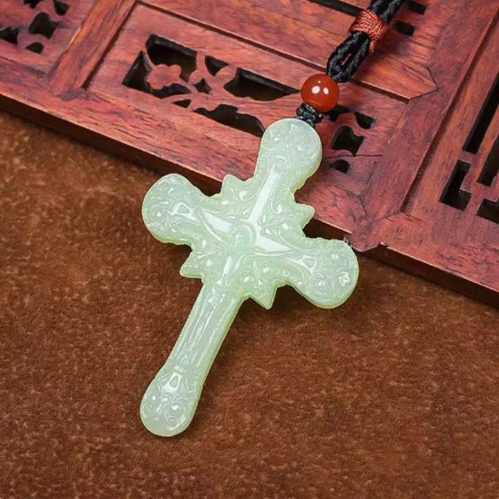 Christian Art Classic Style Hetian Jade Clear Water Material Crucifix Round Bead Necklace