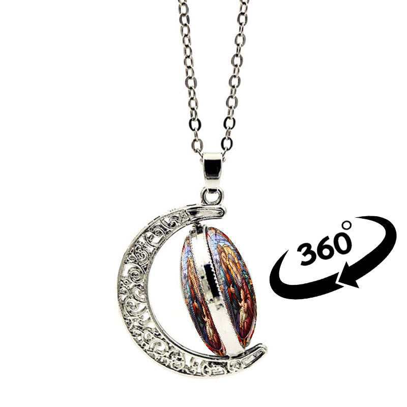 Jesus Holy Family Double-Sided Rotating Moon Pendant Necklace