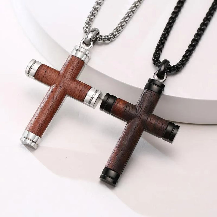 Pearwood Wooden Cross Pendant Titanium Necklace