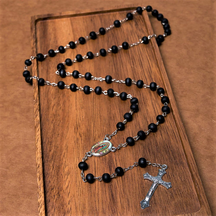 Christianartworkshop Our Lady of Guadalupe & Crucifix of 6 mm Round Multicolor Wood Alloy Chain Rosary