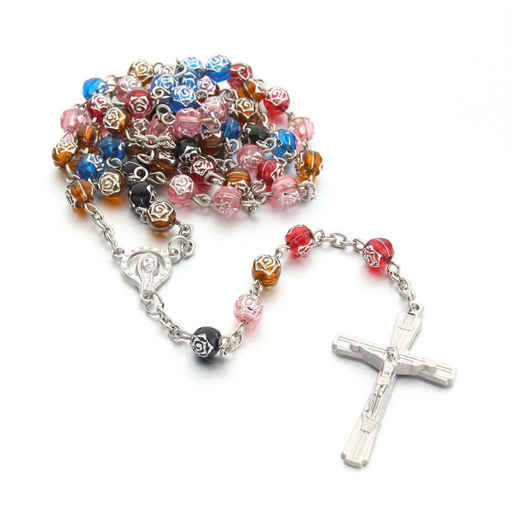 Two-tone Rose Shaped Multicolored Beads Rosary