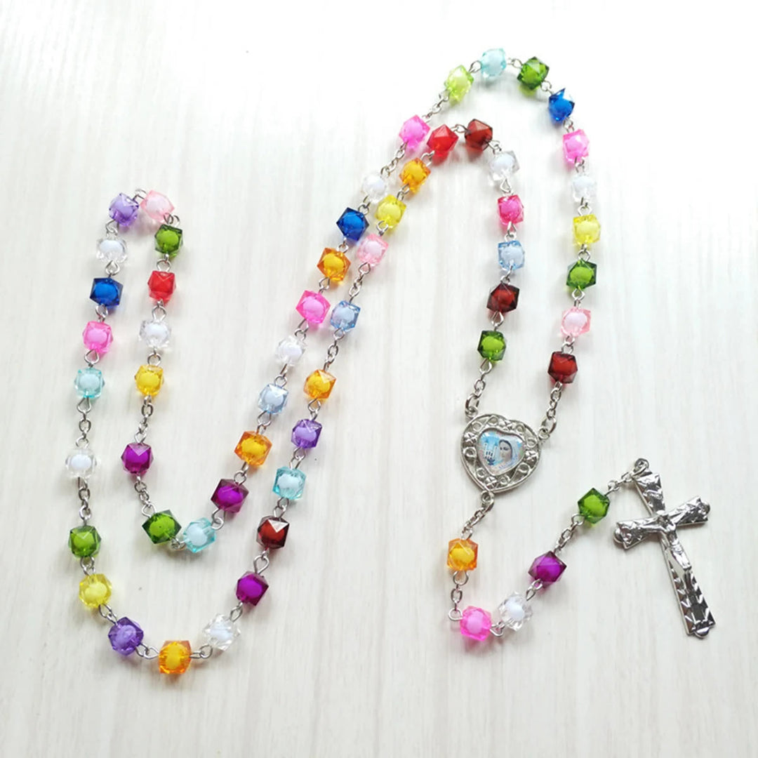 Christianartworkshop Our Lady of Peace & Crucifix of 8 mm Polyhedron Multicolor Acrylic Alloy Chain Rosary