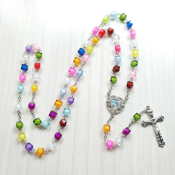 Our Lady of Peace & Crucifix of 8 mm Polyhedron Multicolor Acrylic Alloy Chain Rosary