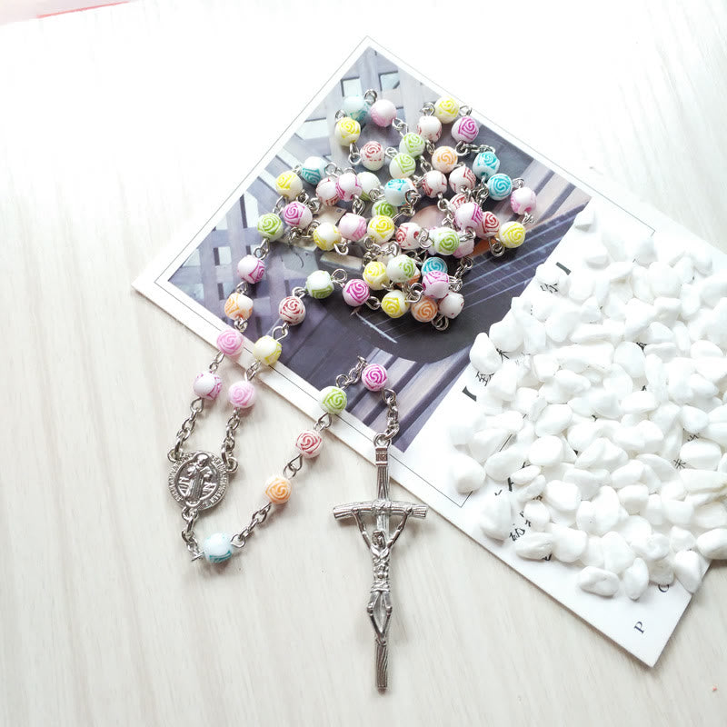 St. Benedict & Jesus Cross Colored Rose Beads Rosary