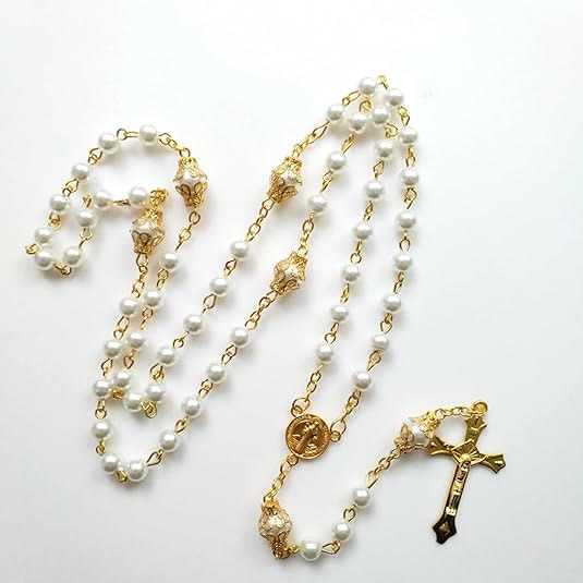 FREE Today: St. Benedict Medal & Crucifix of 6 mm Round White Pearl Alloy Chain Rosary