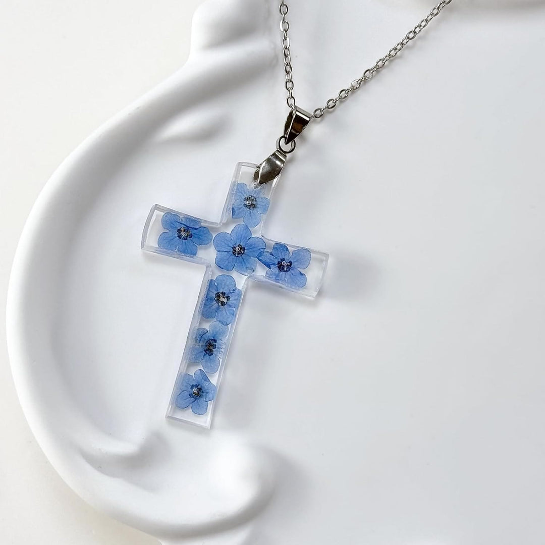 Christian Art Fresh Style Natural Real Dried Flower Cross Necklace