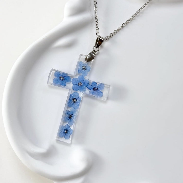 Christianartworkshop Fresh Style Natural Real Dried Flower Cross Necklace