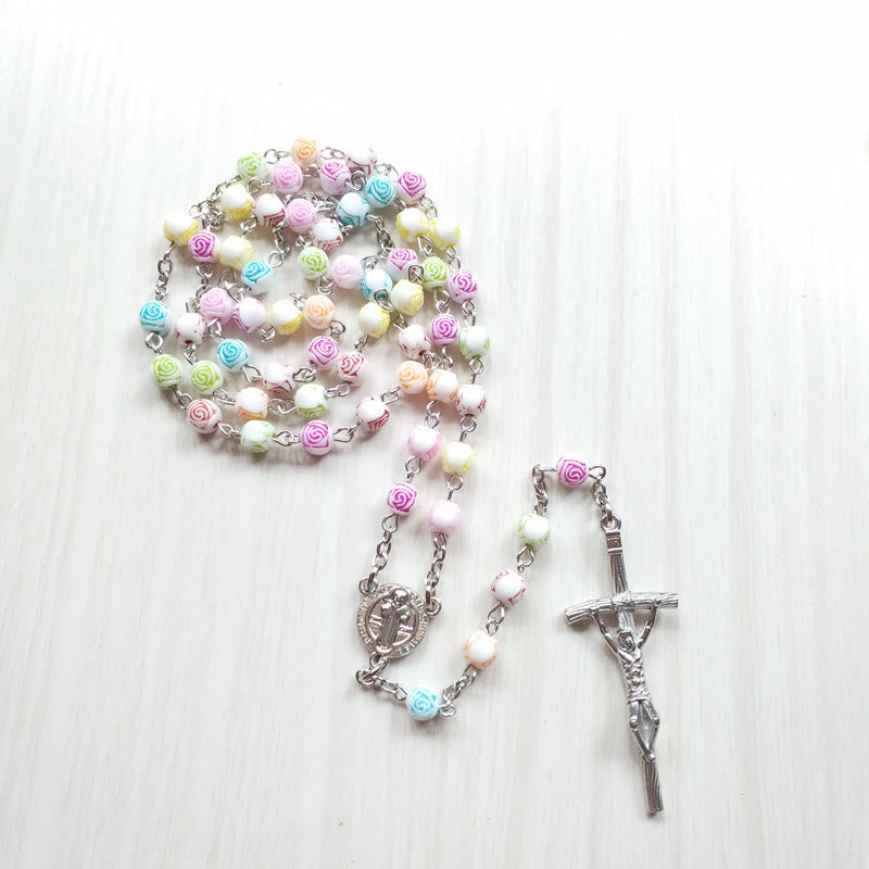 St. Benedict & Jesus Cross Colored Rose Beads Rosary