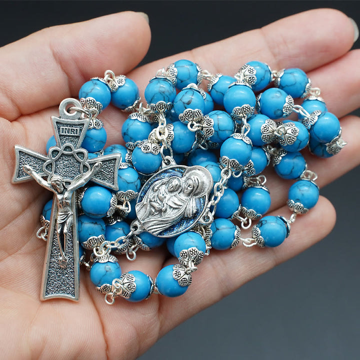 Blue Turquoise Christ Prayer Rosary with Mary & Baby Jesus Medal