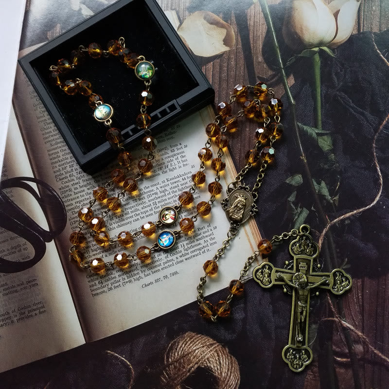 Our Lady of Fátima & Crucifix of 8 mm Polyhedron Gold Crystal Alloy Chain Rosary