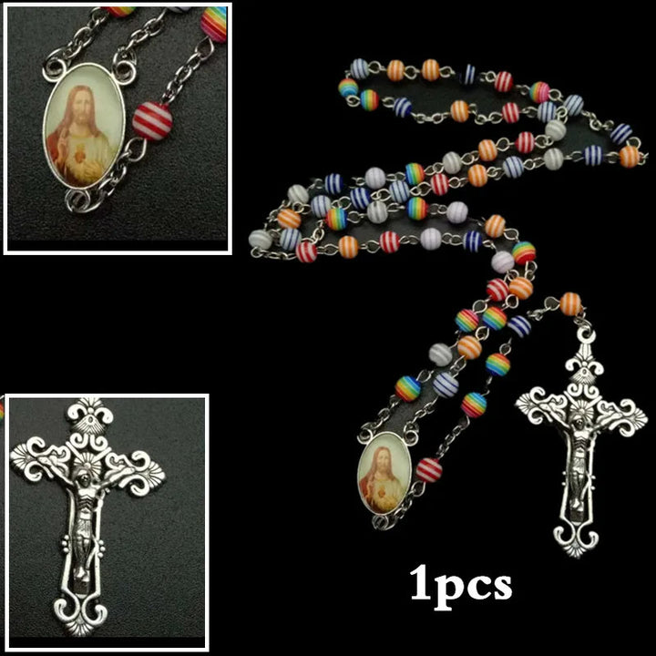 Resin Beads Crucifix Rainbow Mixed Color Rosary