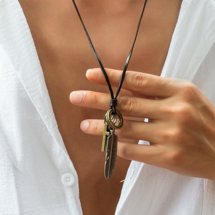 Feather Cross Pendant Leather Necklace