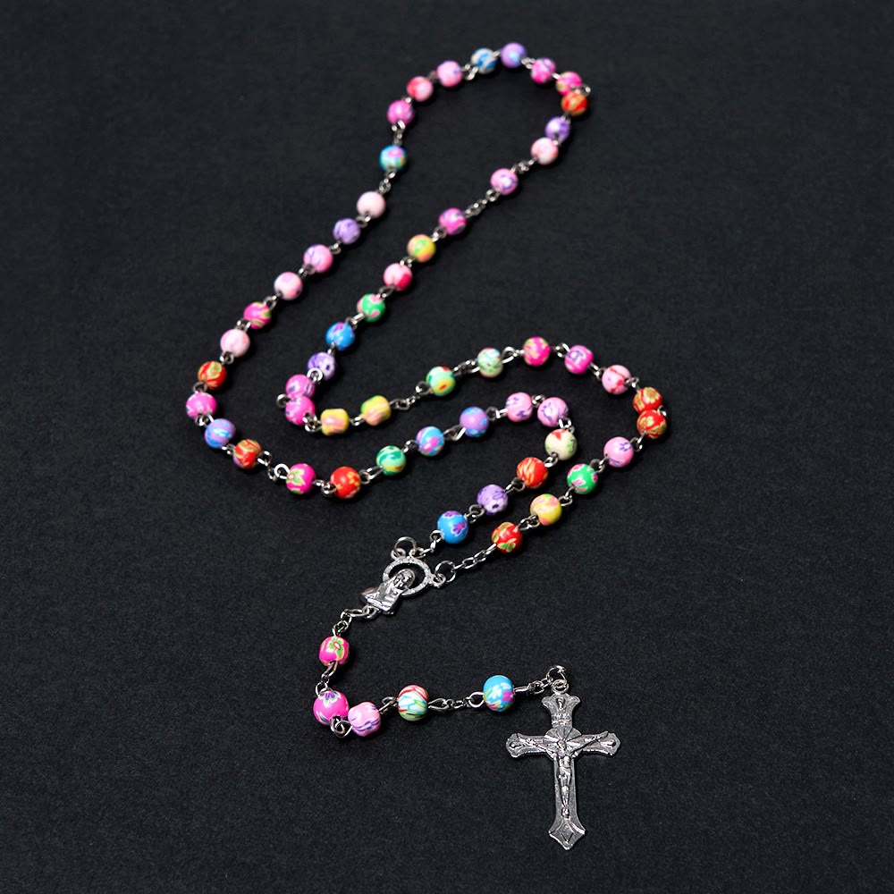 Christian Art Our Lady of Guadalupe & Crucifix of 6 mm Round Multicolor Polymer Clay Alloy Chain Rosary