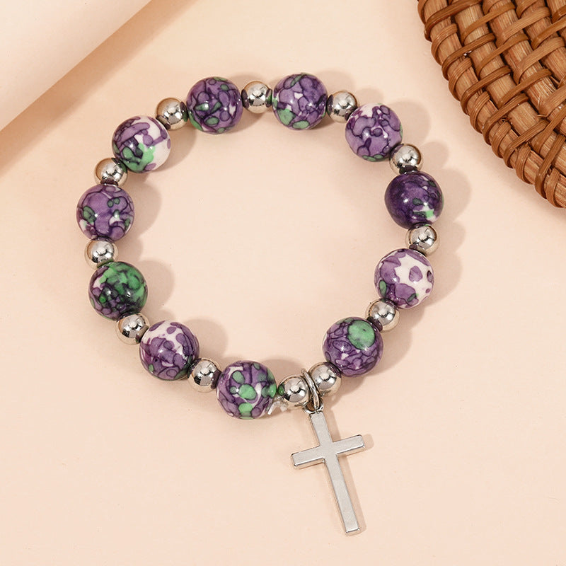 Discount Today: Christ Crucifix Prayer Beaded Purple Stones Bracelet