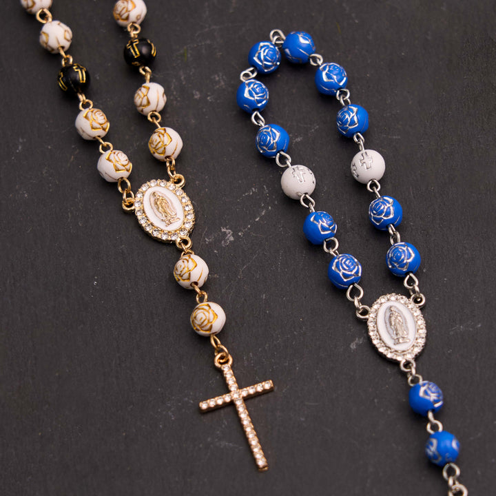 Rose Beads Cross Our Lady Of Guadalupe Bracelet Rosary