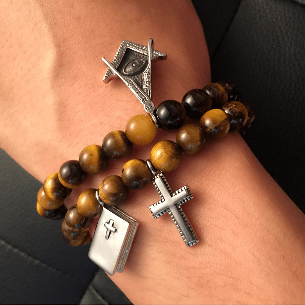 Christianartworkshop Bible Cross Tiger Eyes Stone Titanium Bracelet