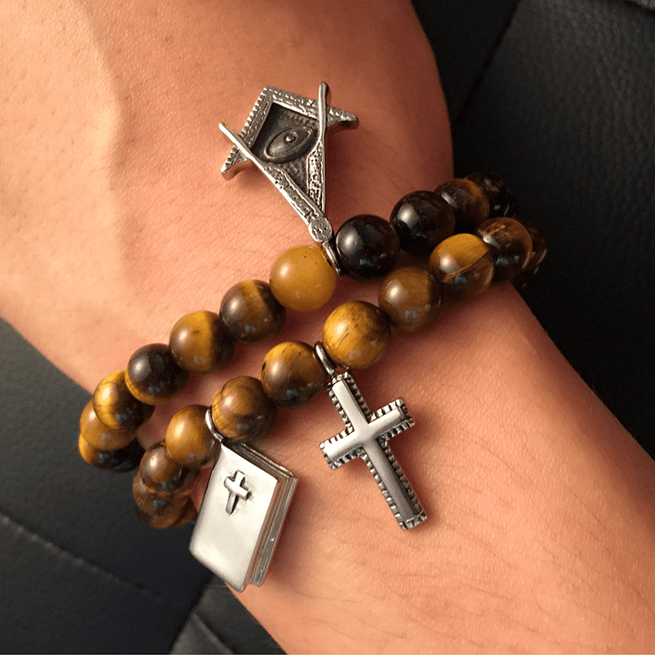 Christianartworkshop Bible Cross Tiger Eyes Stone Titanium Bracelet