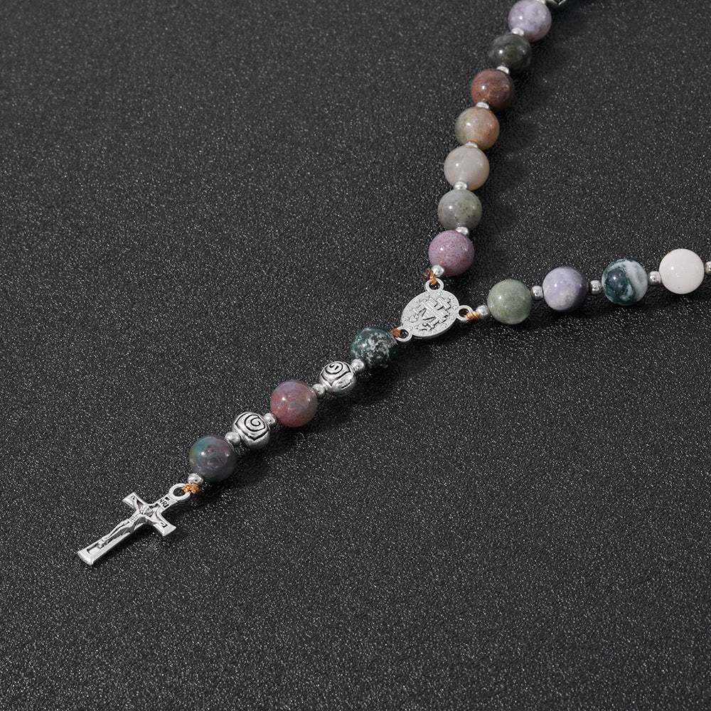 Christian Art Miraculous Medal & Crucifix of 8 mm Round Multicolor Stone Nylon Cord Rosary