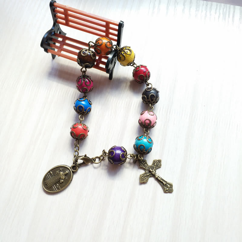 Christianartworkshop Antique Colors Wood Bracelet with St. Benedict & Crucifix