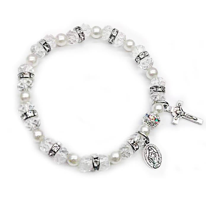 Crystal Beads Stretch Bracelet with Crucifix and Miraculous Medal