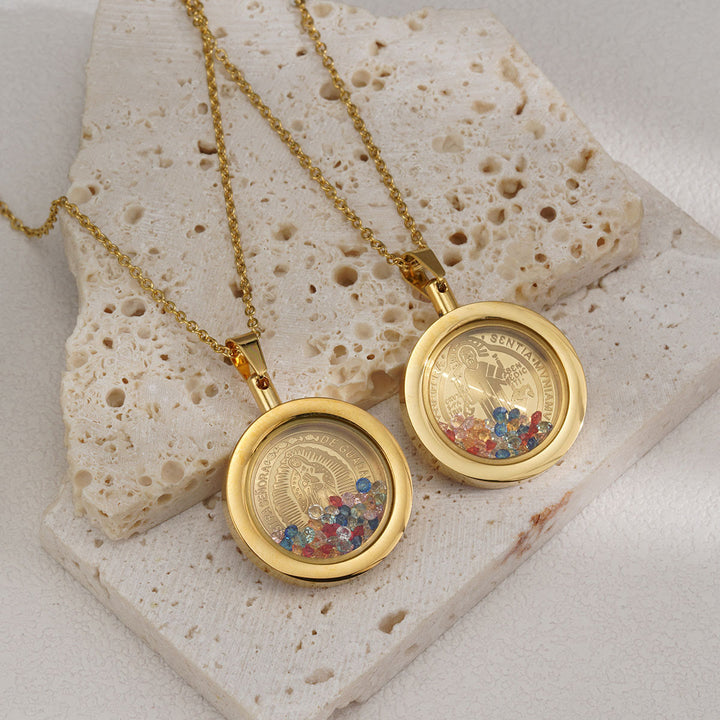 Gold Round Reversible Necklace: Our Lady and St. Benedict