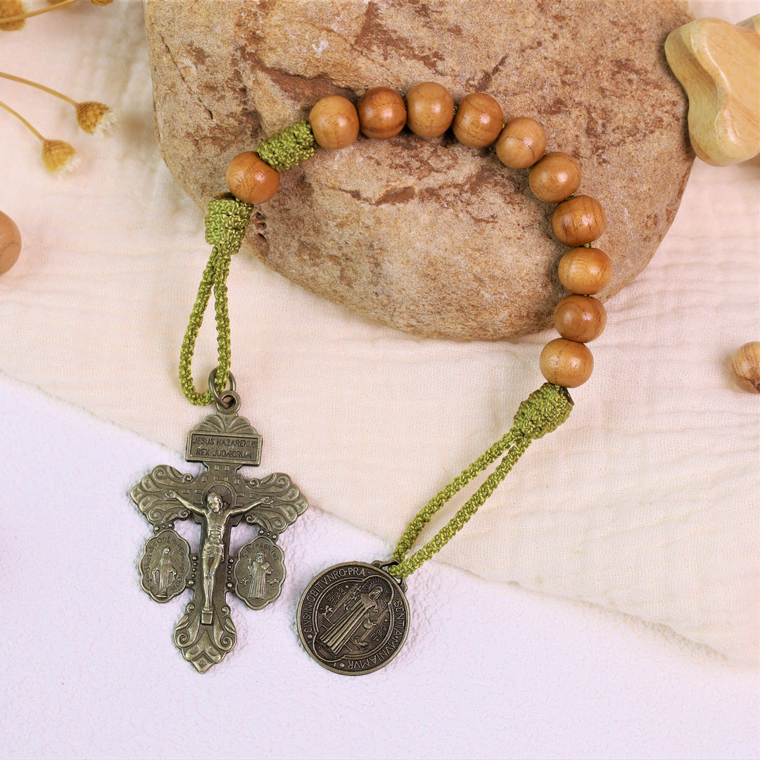 Discount Today: Olive Wood Beads with Saint Benedict Medal & Crucifix Pocket Rosary