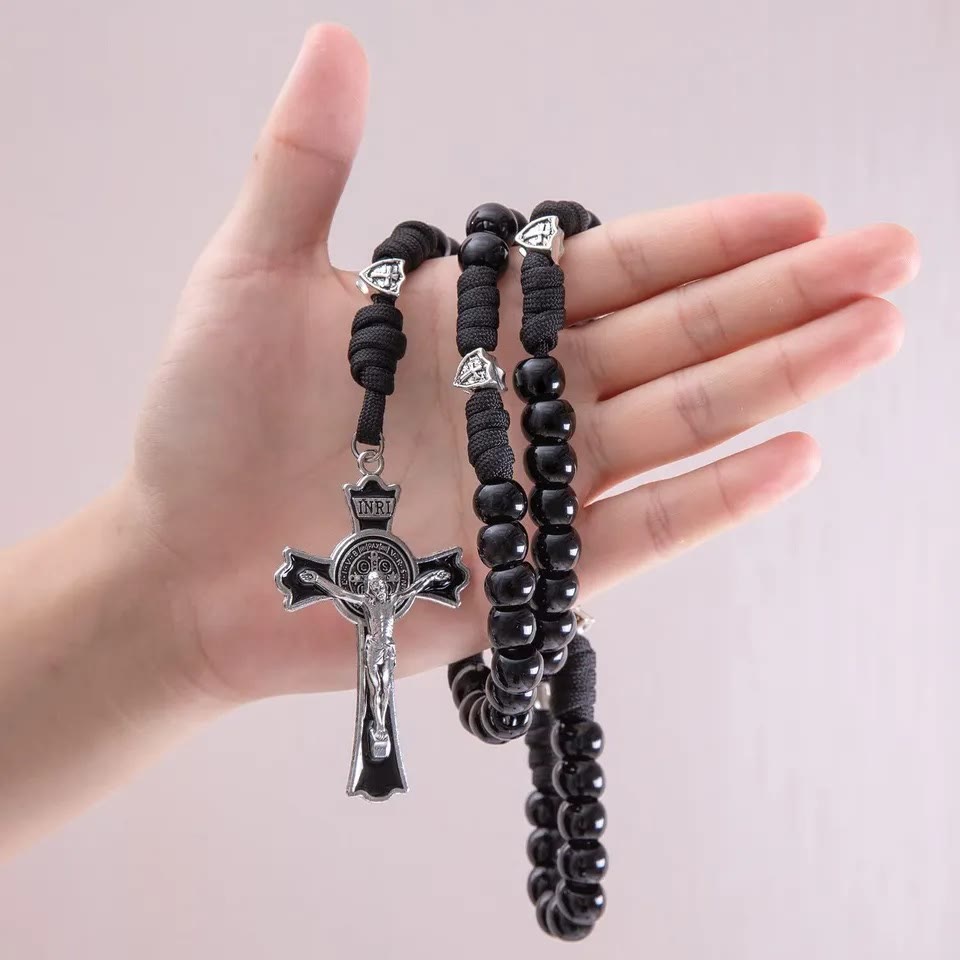 Fine Crafted Black Sturdy Umbrella Cord Crucifix Rosary