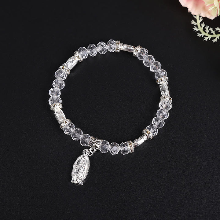 Clear Glass Bead Bracelet with Virgin Mary Pendant